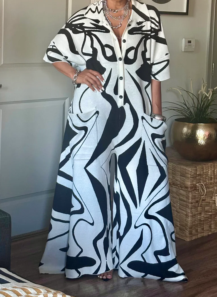 Black & White Printed Wide Leg Jumpsuit