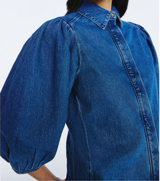 Denim Shirt with 3/4 Length Puff Sleeves