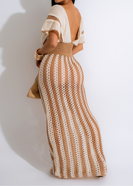 Vacation 2 Piece Outfits Crochet Crop Tops & Striped Maxi Skirt