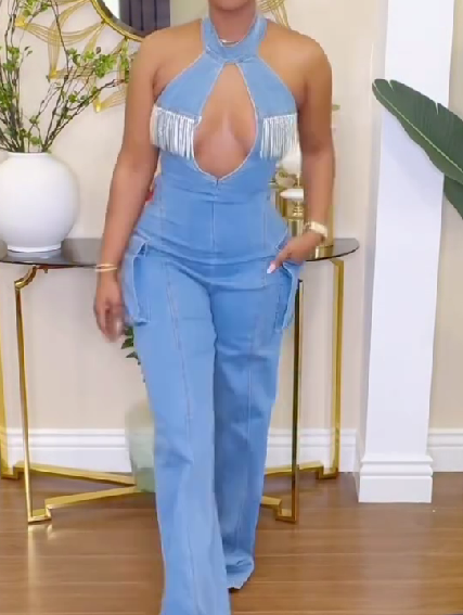 Halter Neck Hollow Diamond Tassel Jumpsuit