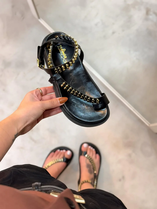 Round-Toe Rhinestone Leather Adjustable Sandals