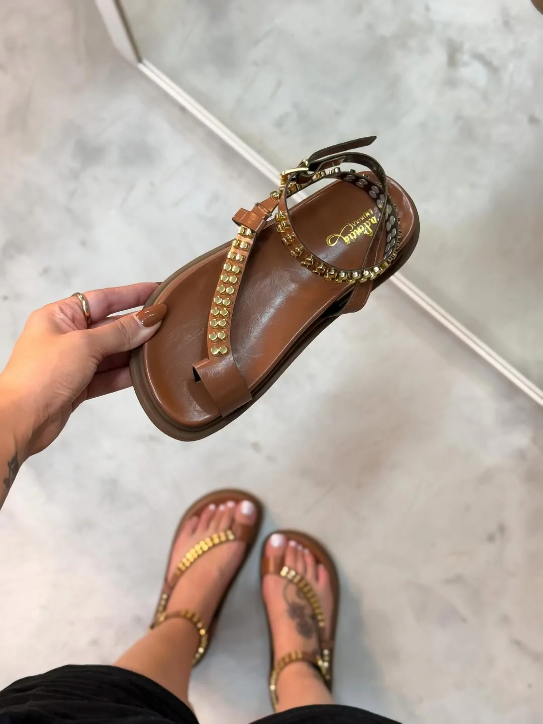 Round-Toe Rhinestone Leather Adjustable Sandals