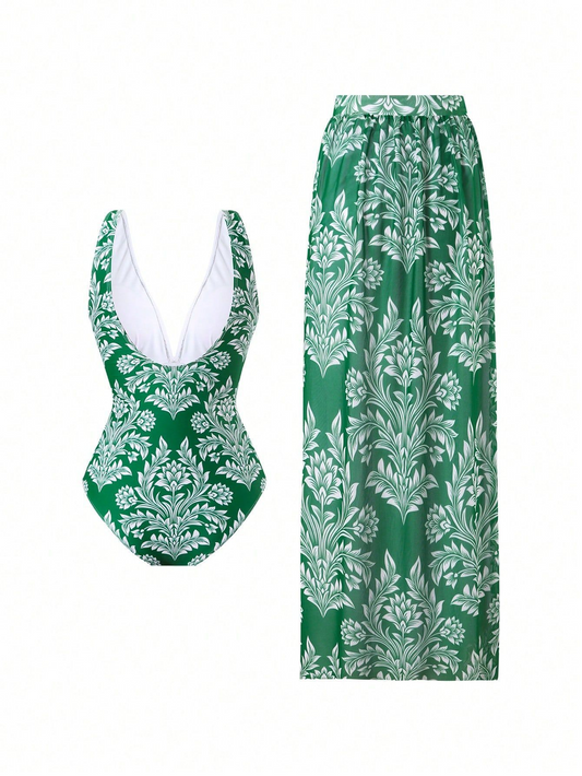 Chiffon Off-Shoulder V-Neck Onesie Swimsuit Set