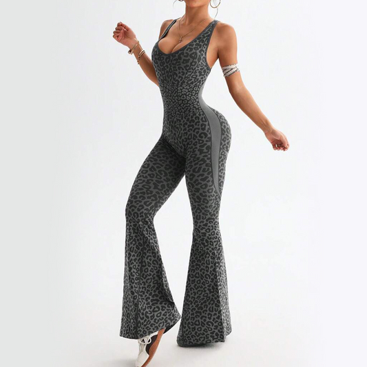 Leopard Print Cross Back Seamless Bodysuit Yoga Jumpsuit