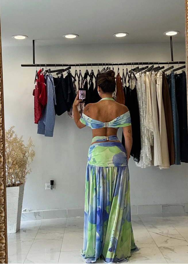 Floral Halo Blue Midi Skirt Set