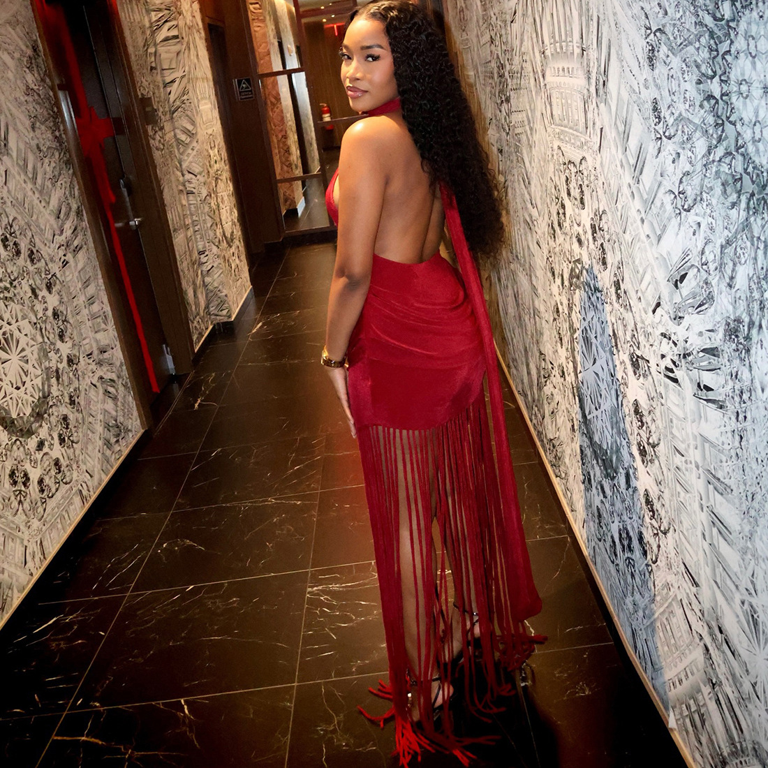 Solid Color Tassel Halter Neck Backless Dress