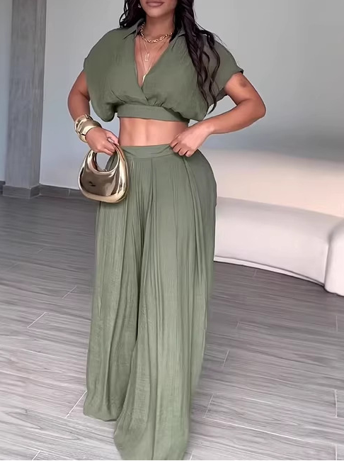Collared Cropped Top & Wide-Leg Pants Vacation Style Set