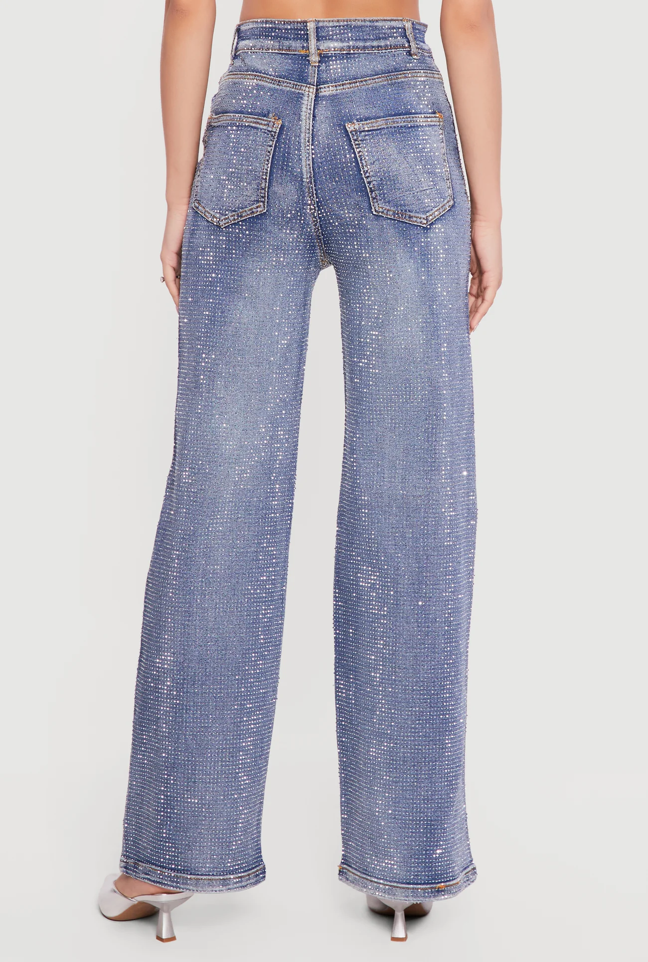 Rhinestone Studded High Waisted Straight Leg Jeans