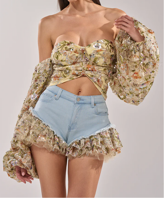 Sequined Sheer Floral Blouse and Shorts Set