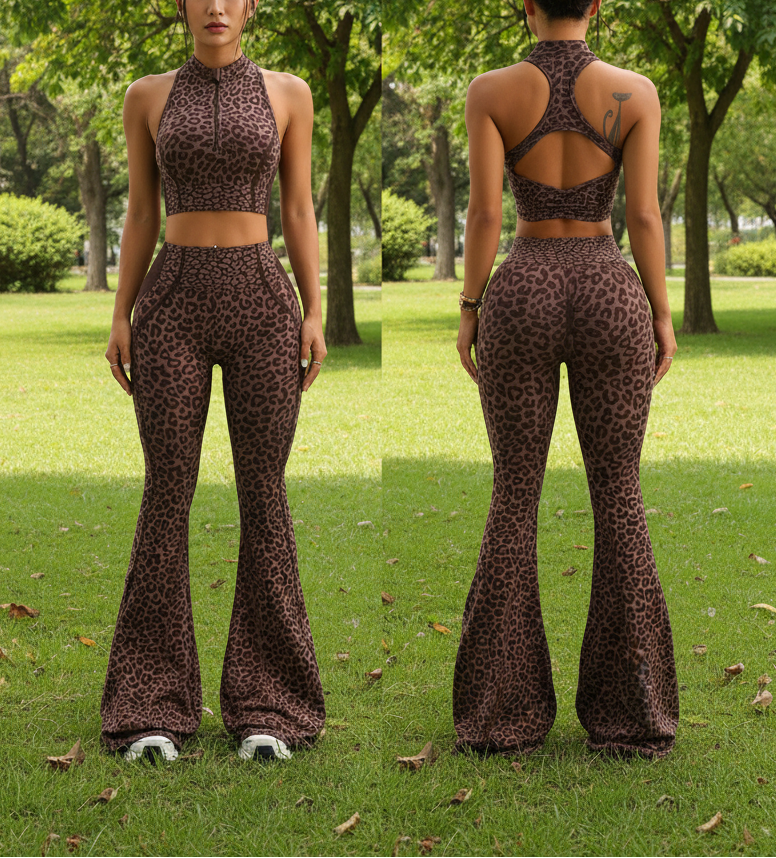 Leopard Print Half-Zip Crop Top and Flared Sweatpants Set