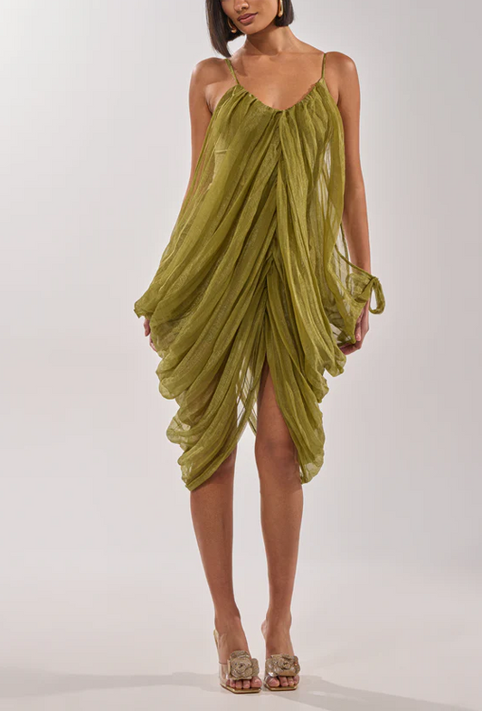Design-Conscious Pleated Mesh Slip Dress