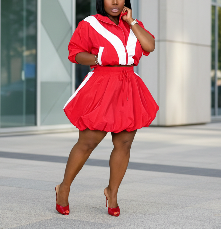 Casual Color-Blocked Tulip Skirt Long-Sleeved Set