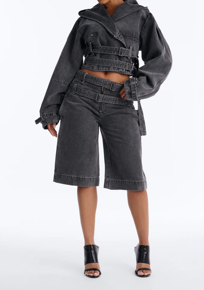 Loving London Hooded Denim Crop Trench & Belted Denim Jorts Set