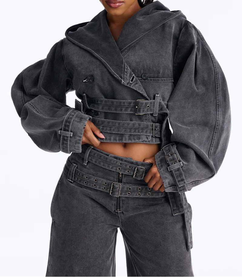Loving London Hooded Denim Crop Trench & Belted Denim Jorts Set