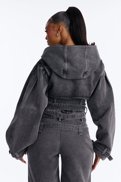 Loving London Hooded Denim Crop Trench & Belted Denim Jorts Set