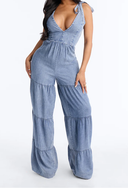 Chambray Tiered Jumpsuit
