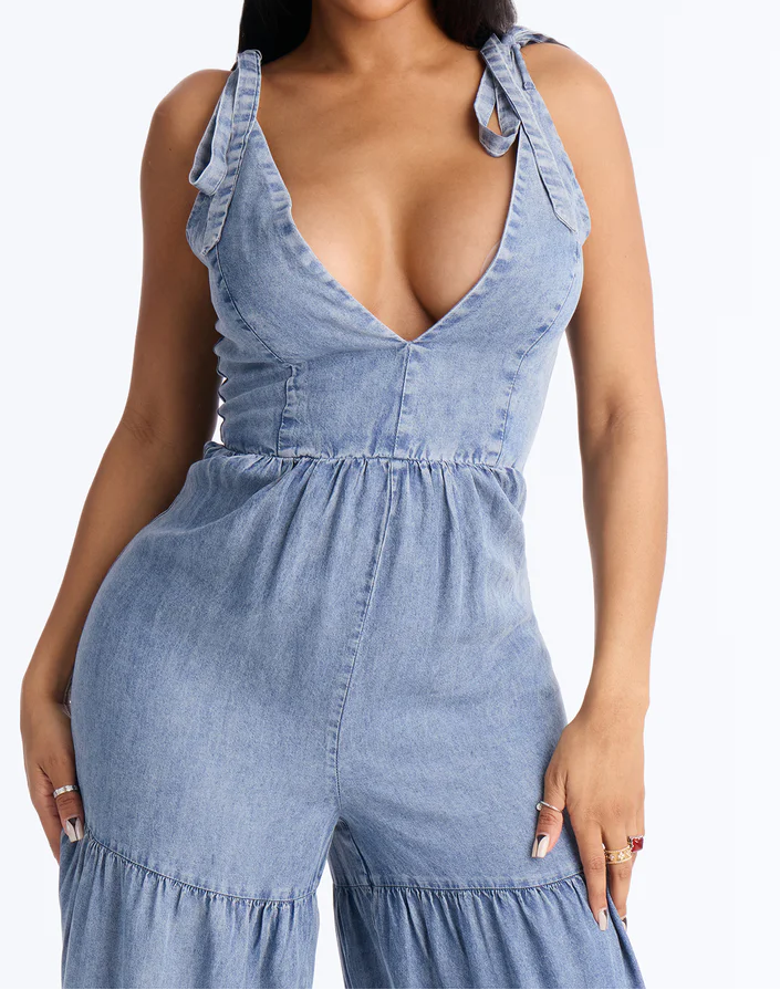 Chambray Tiered Jumpsuit