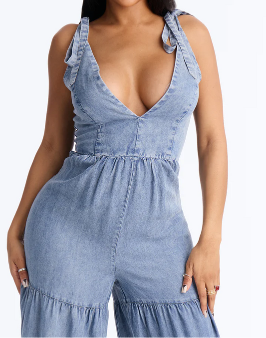 Chambray Tiered Jumpsuit