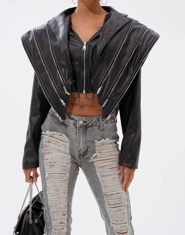 Multi-Zip Motorcycle Short Leather Jacket