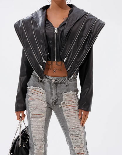 Multi-Zip Motorcycle Short Leather Jacket