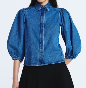 Denim Shirt with 3/4 Length Puff Sleeves