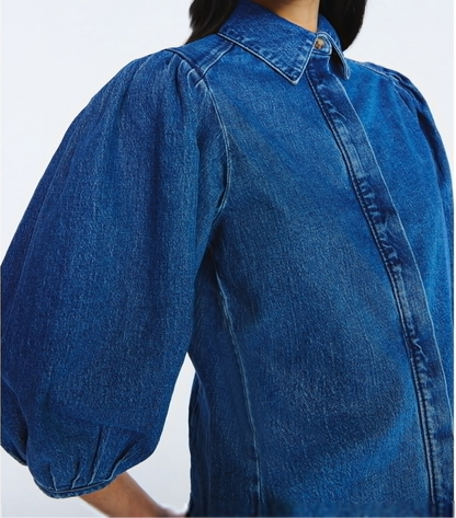 Denim Shirt with 3/4 Length Puff Sleeves