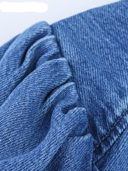 Denim Shirt with 3/4 Length Puff Sleeves