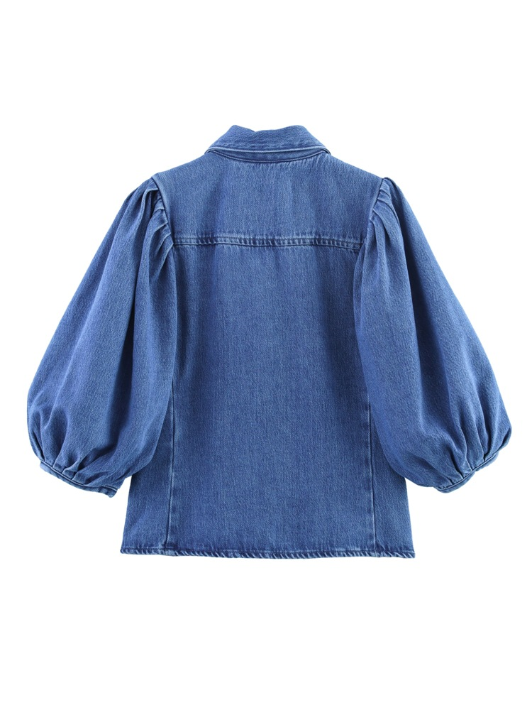 Denim Shirt with 3/4 Length Puff Sleeves
