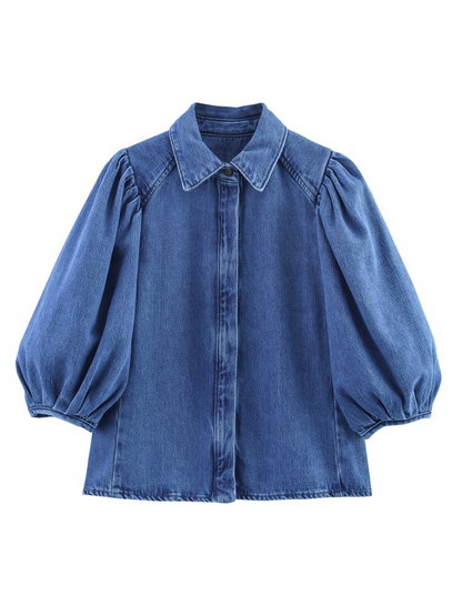 Denim Shirt with 3/4 Length Puff Sleeves
