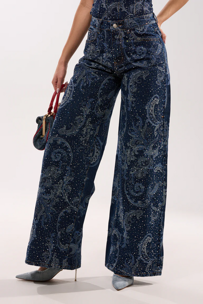 Wide Leg Denim With Rhinestones