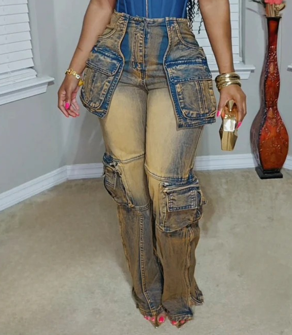 Zip Side Slit High Waist Denim Jeans With Multi Pockets