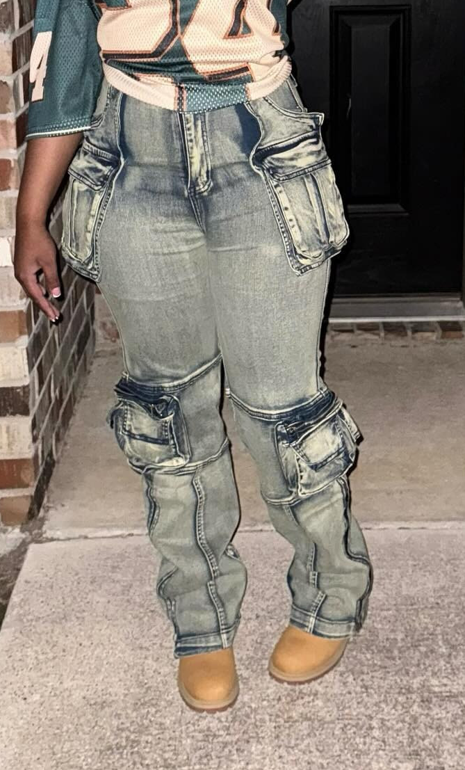 Zip Side Slit High Waist Denim Jeans With Multi Pockets