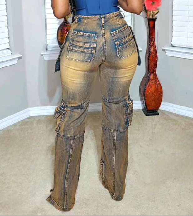 Zip Side Slit High Waist Denim Jeans With Multi Pockets