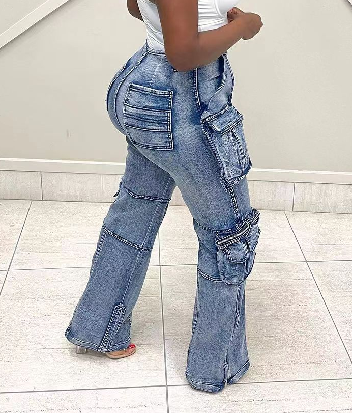 Zip Side Slit High Waist Denim Jeans With Multi Pockets