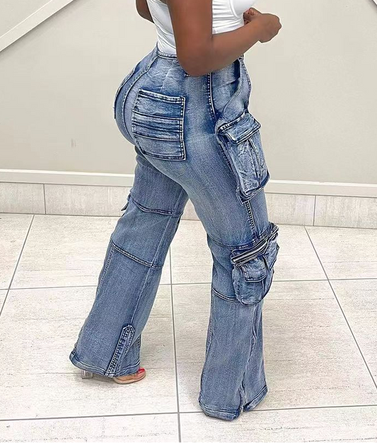Zip Side Slit High Waist Denim Jeans With Multi Pockets