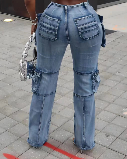Zip Side Slit High Waist Denim Jeans With Multi Pockets