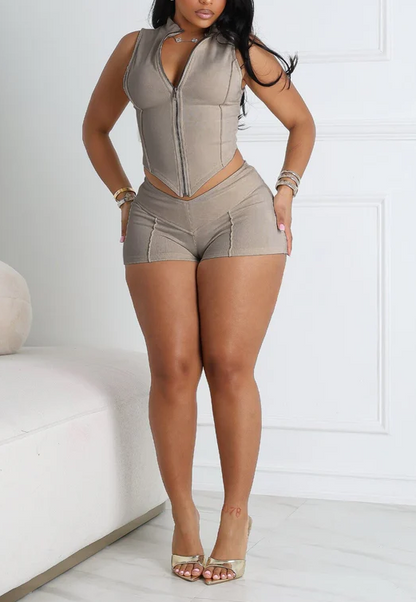 Classic Zip Up Cropped Tank Top & Shorts SET