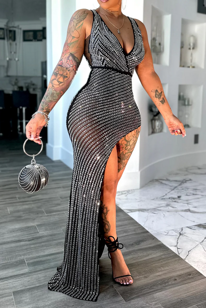 V-Neck Sheer Rhinestone Evening Dress