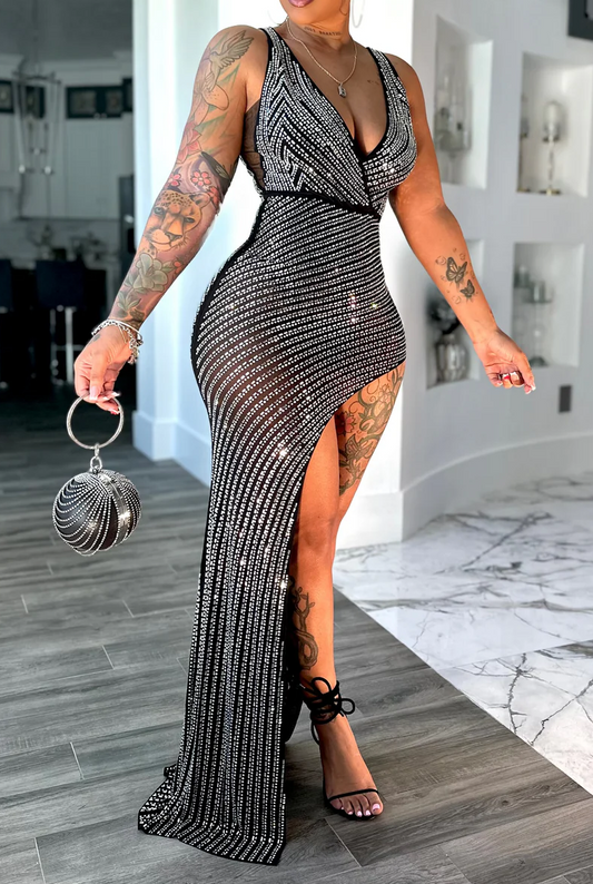 V-Neck Sheer Rhinestone Evening Dress