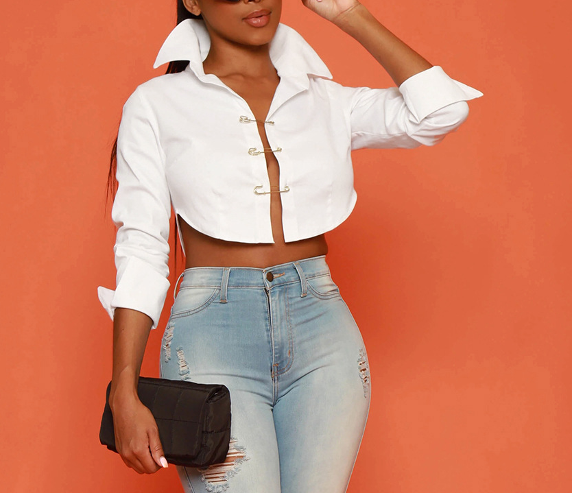 Hollow-Out Long-Sleeved Brooch-Style Shirt