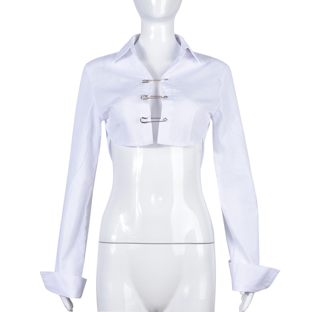 Hollow-Out Long-Sleeved Brooch-Style Shirt