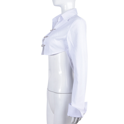 Hollow-Out Long-Sleeved Brooch-Style Shirt