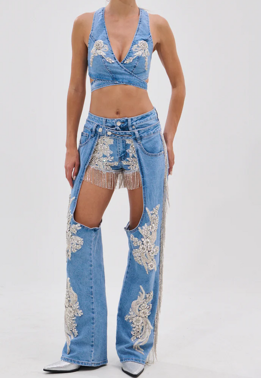 Denim Bra Top & Short Pants Set