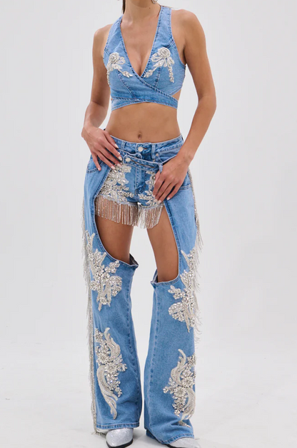 Denim Bra Top & Short Pants Set