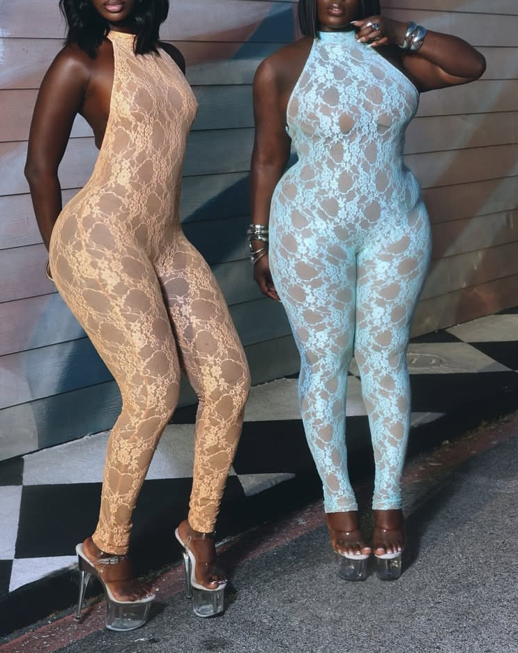 Lace Halter Neck Tie Backless Jumpsuit