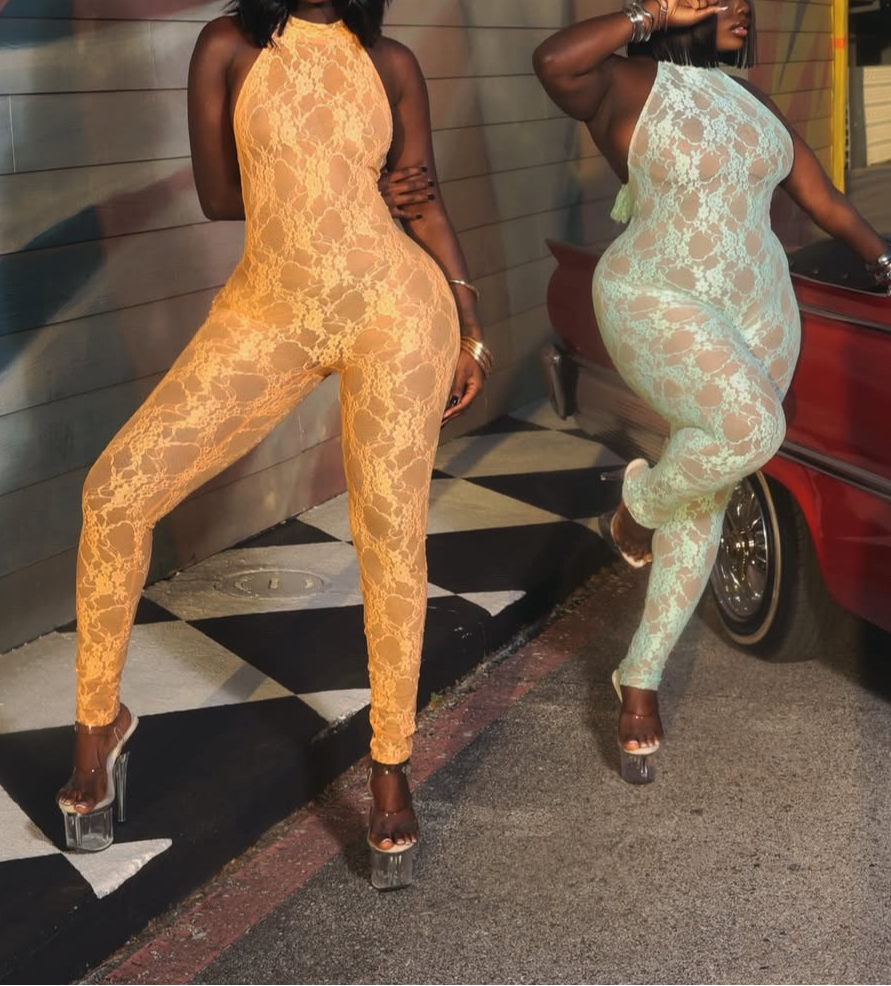 Lace Halter Neck Tie Backless Jumpsuit