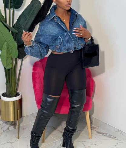 Washed Collared Drawstring Long-Sleeve Short-Zip Jacket