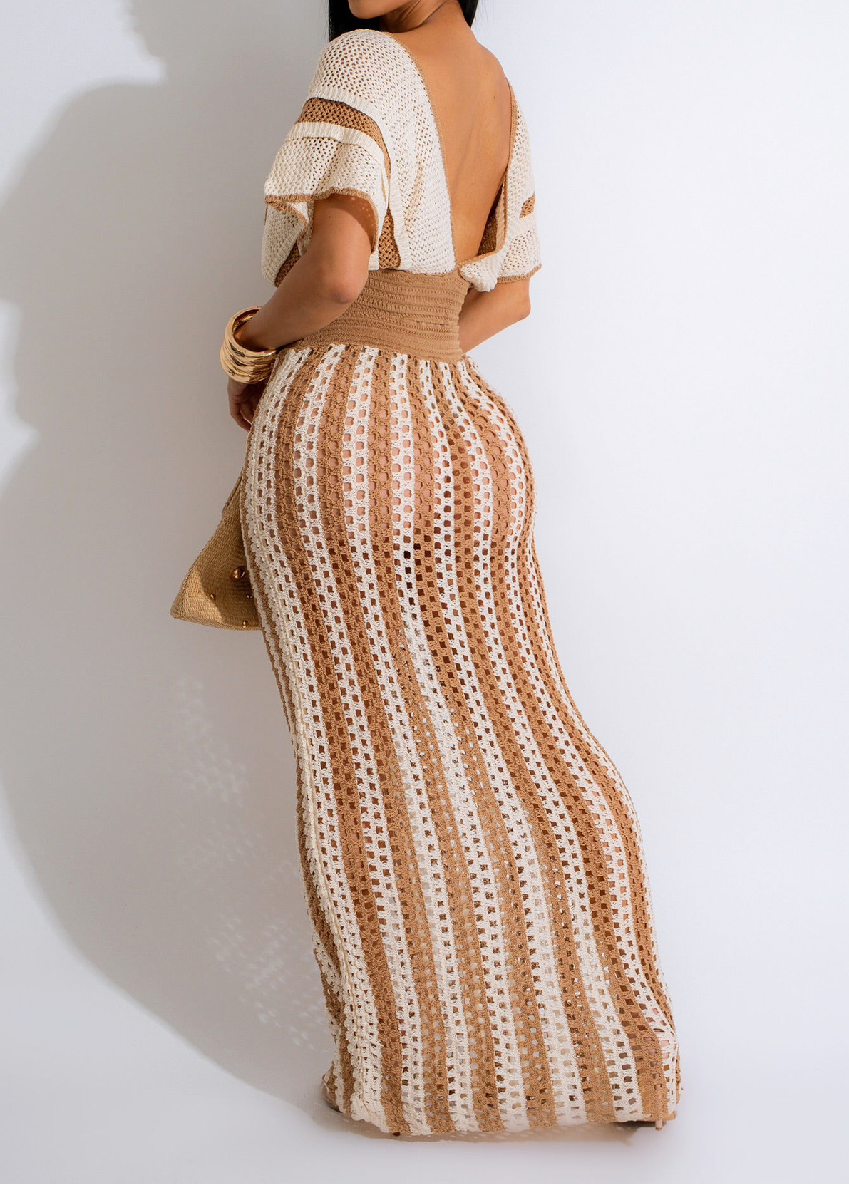 Vacation 2 Piece Outfits Crochet Crop Tops & Striped Maxi Skirt