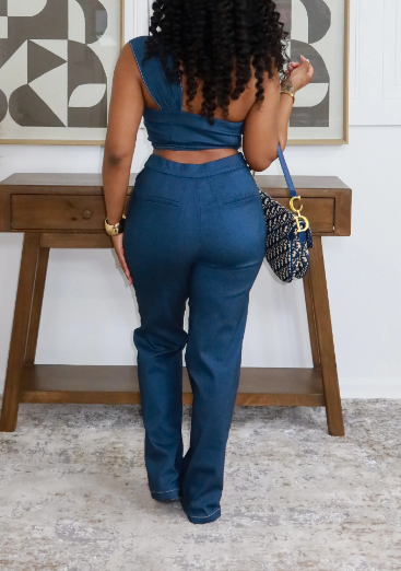 Flower Bust Denim Pants Set