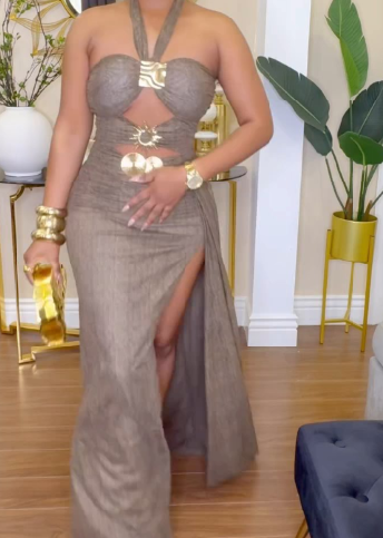 Halter-Neck Tie-Up Cutout Front Slit Long Skirt